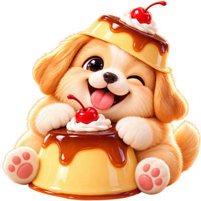 Fluffy golden PuddingPup wearing a caramel pudding hat